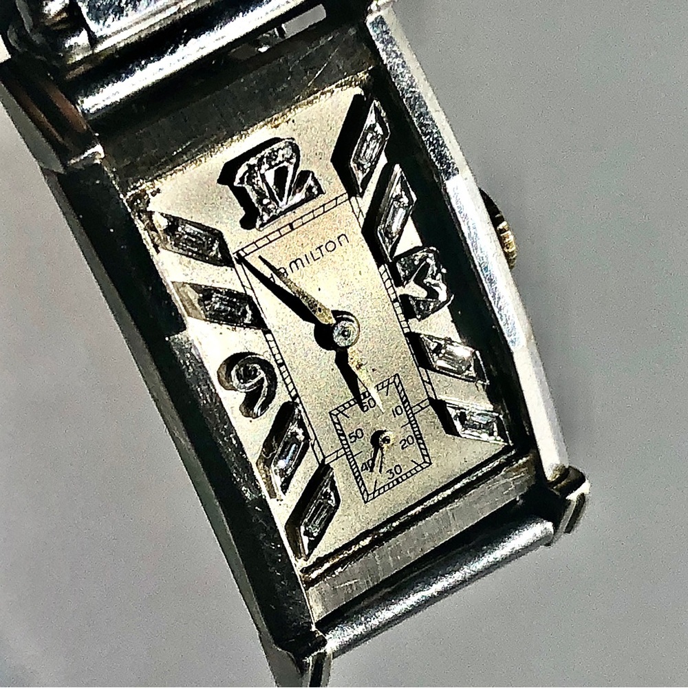 HAMILTON 1940’s 14k Art Deco Diamond Rectangular Tuxedo Watch White Gold - Picture 5 of 16